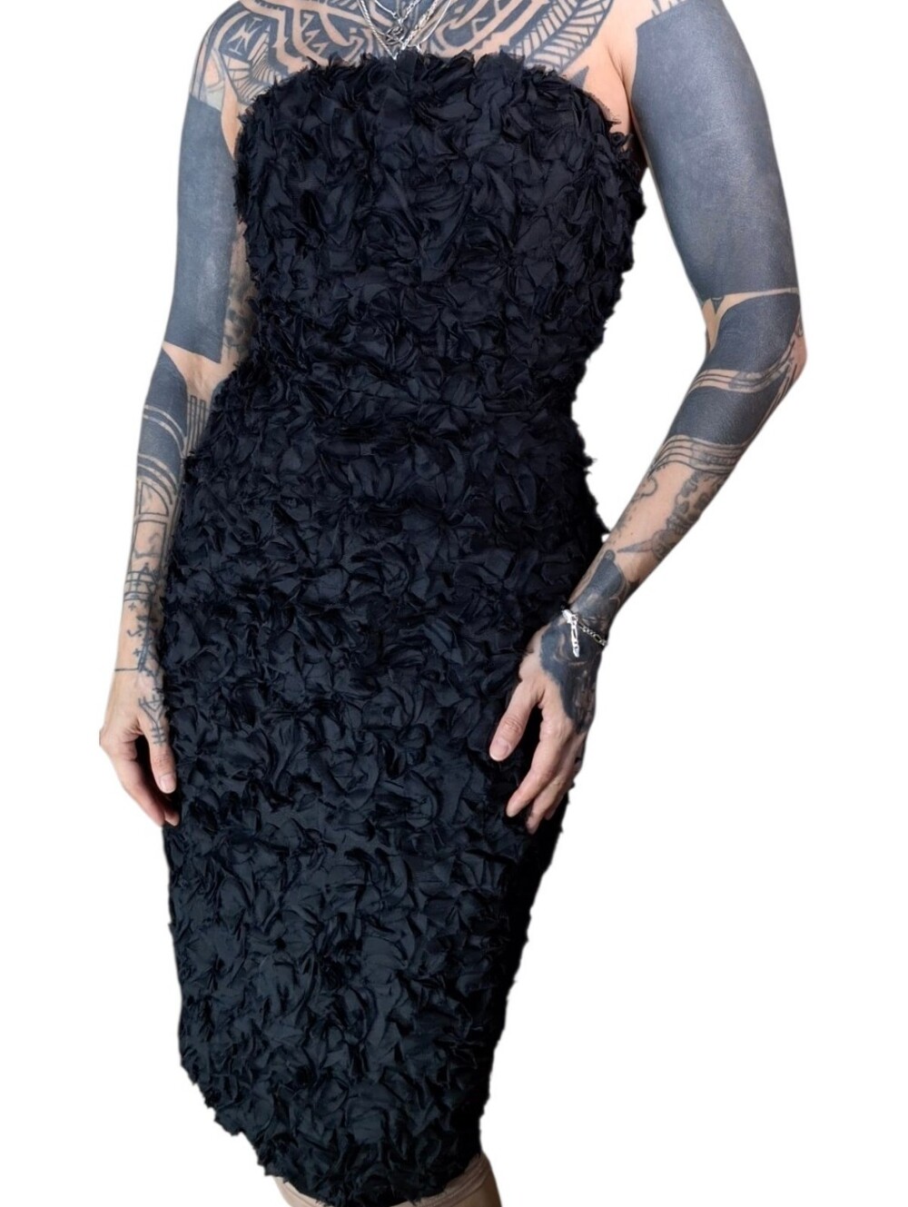 St John Silk Blend Strapless 3D Floral Sheath Midi Dress 4 Small LBD Cocktail